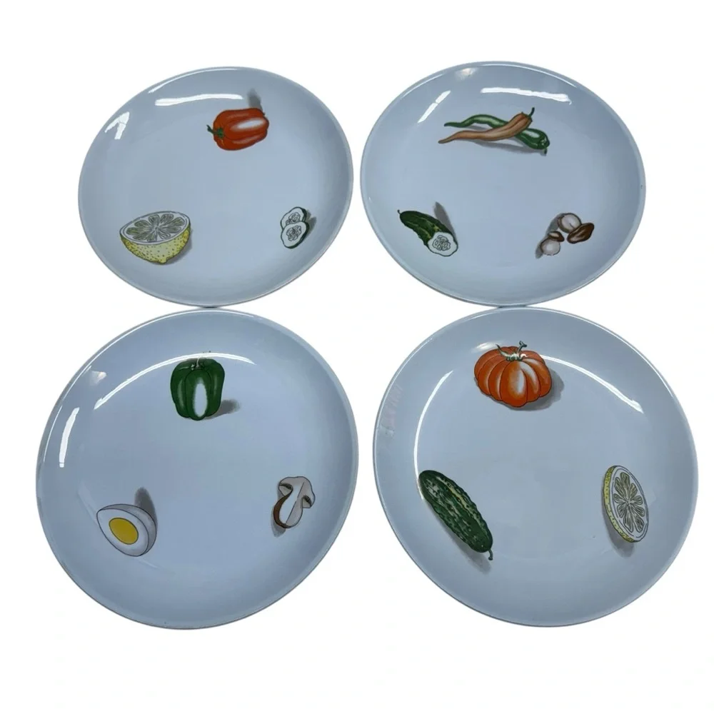 Societa Ceramica Italiana Laveno Plates Set Of 4 Blue 9” Vegetables Garden
